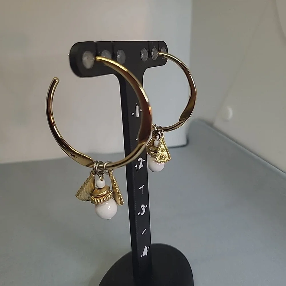 Vintage Hoop Earrings Woman Gold Tone White Bead Dangle Charms Boho Statement